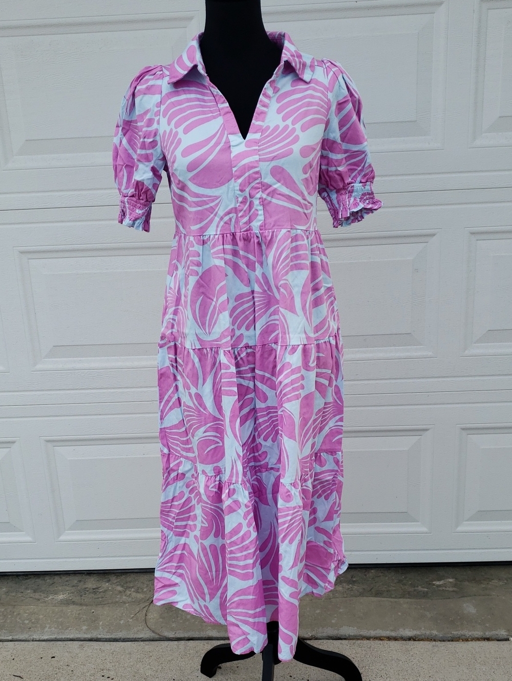 Mary Square Cotton Stretch Puff Sleeves Pockets Midi Floral Boho Dress Size S